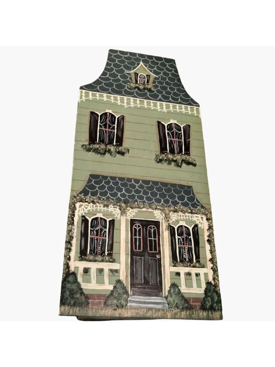 Artisan Other - Hand Painted House Book End Tolle Wood Green Victorian